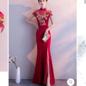 Red Split Front Fishtail Wedding Qipao Cheongsam Dress